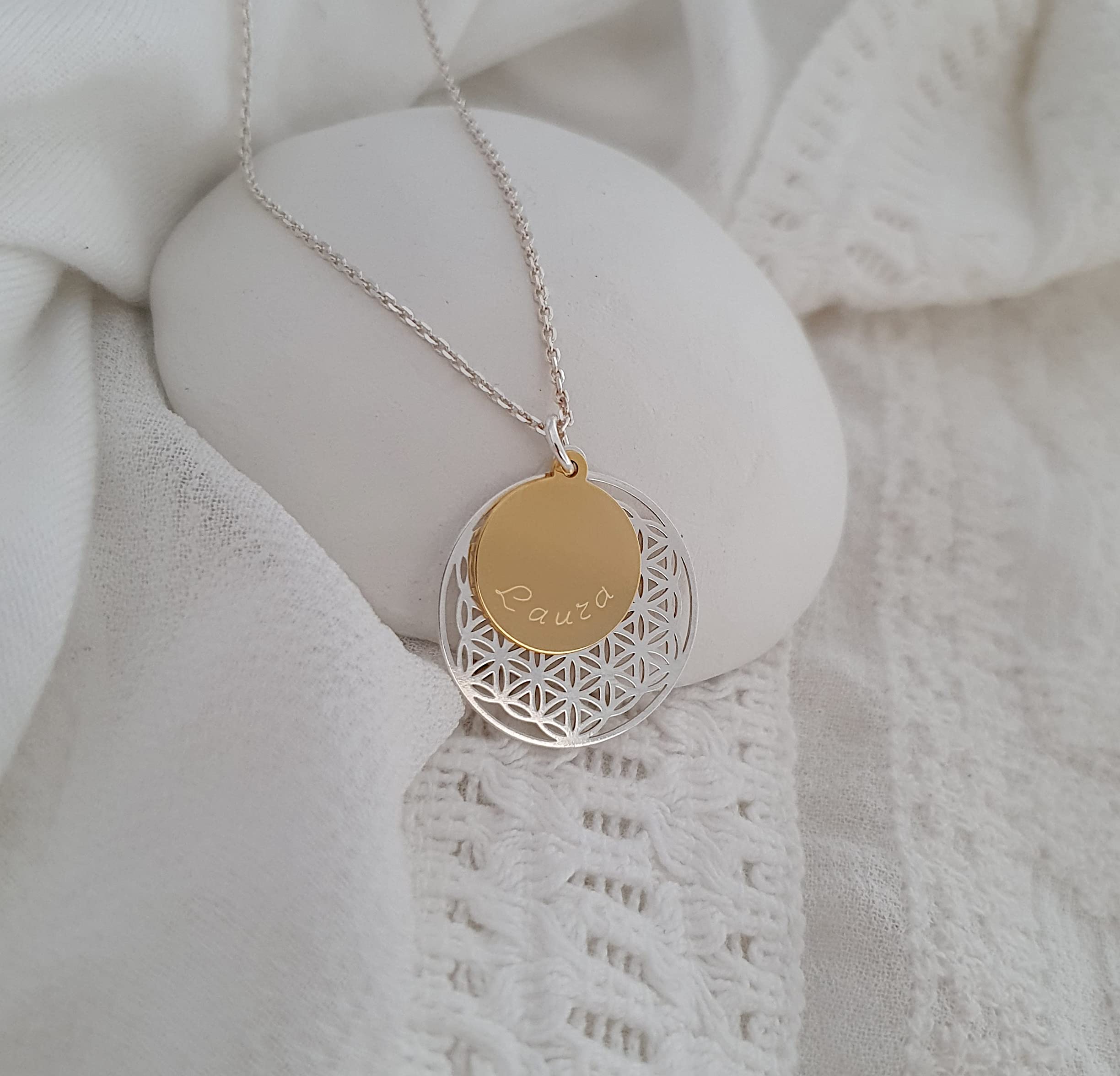 Lebensblume Halskette bicolor mit Gravur - 925 Silber teils vergoldet - personalisierbar