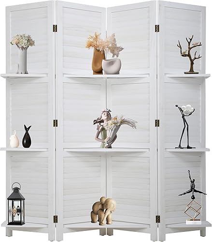 FDW Divisor de habitación de 4 paneles, pantalla de madera plegable de privacidad con tres estantes inteligentes, pantalla de división portátil de