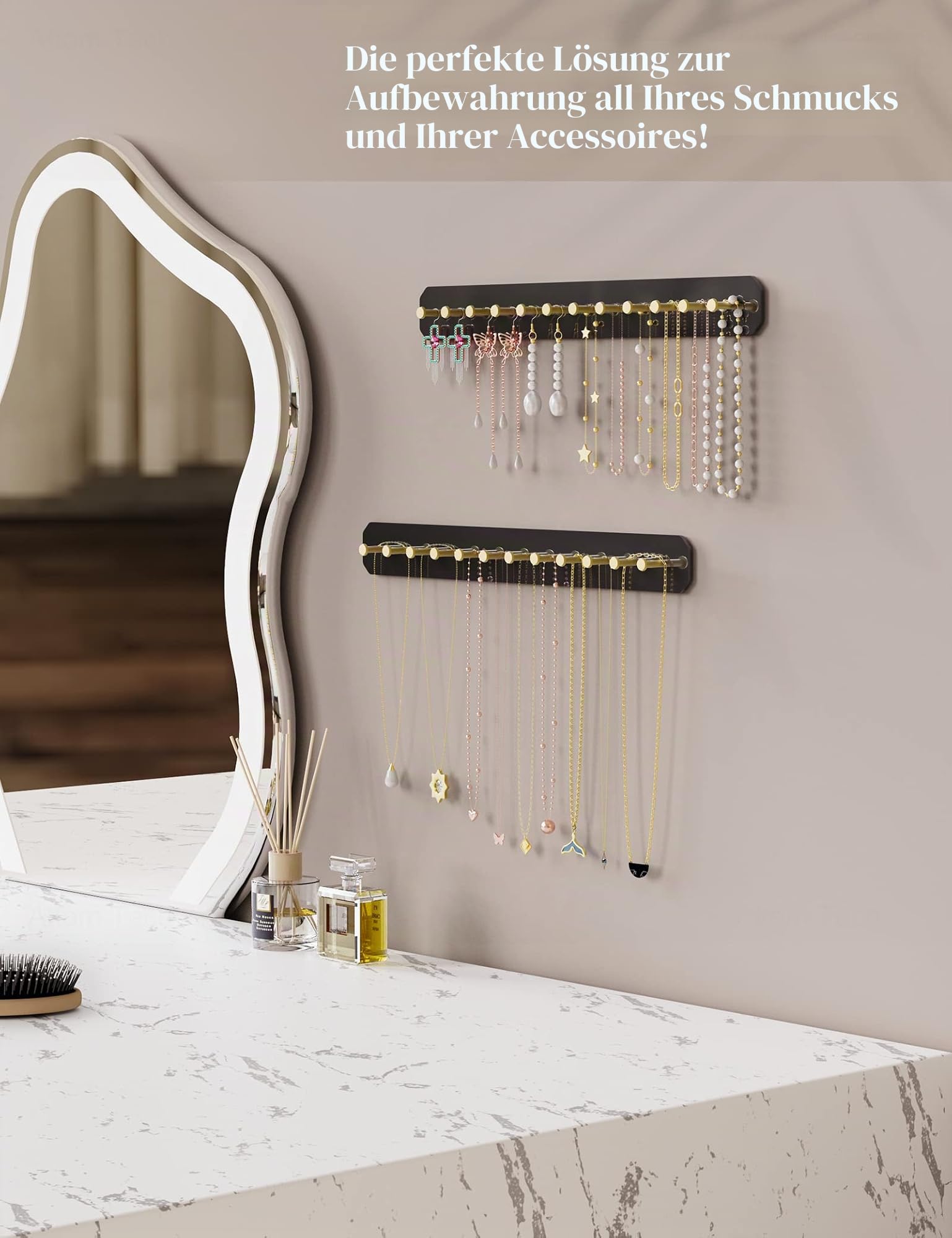 NiHome 2 Stück Wand Ketten Aufbewahrung Schmuckaufbewahrung mit Karbonstahl-Haken, Kettenhalter für Halsketten, Hängend Schmuckhalter für Schminktische, Badezimmer, Küche, Einfache Montage (Schwarz)