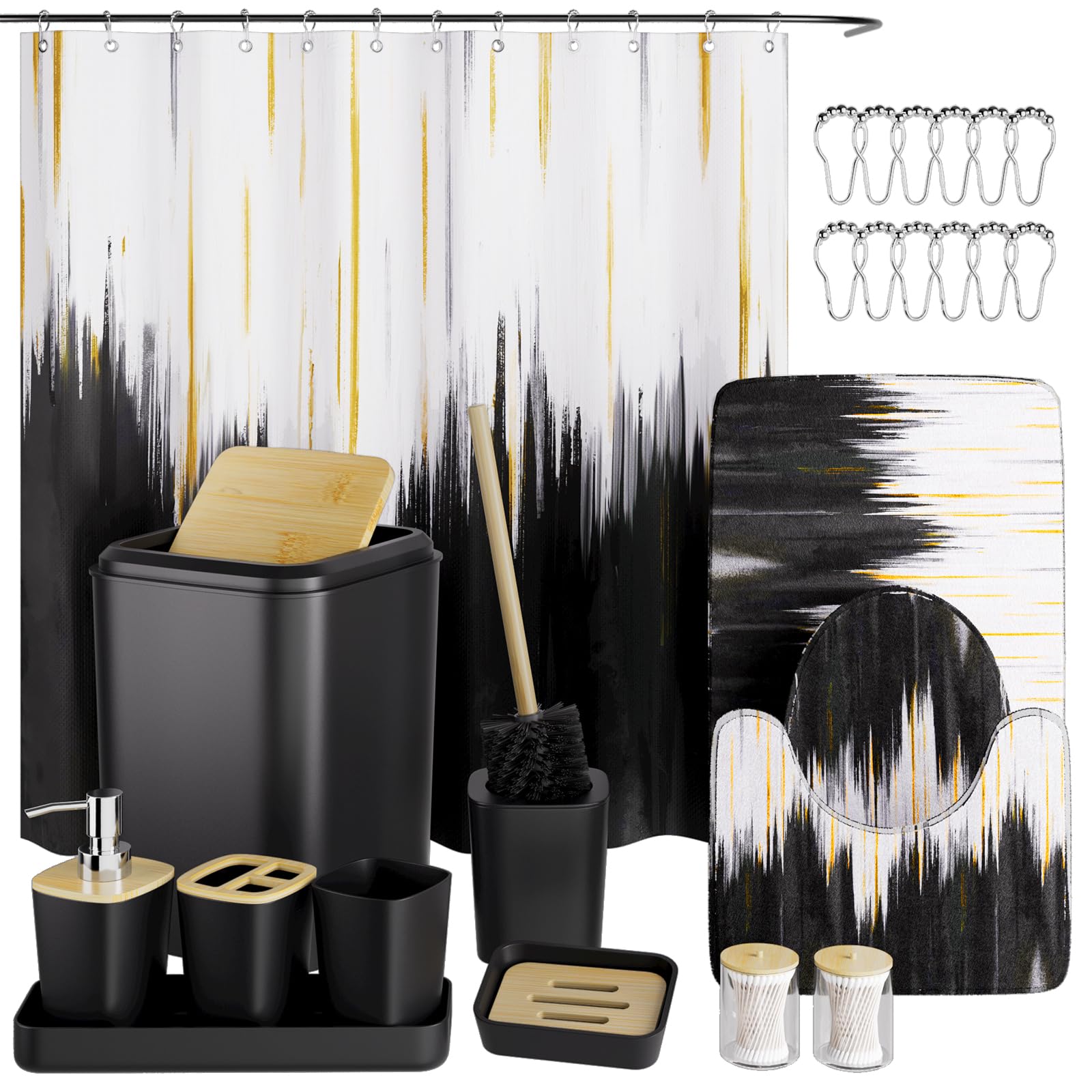 XLHOMO Black Bathroom Accessories Set - 24PCS Bathroom Sets with Shower Curtain and Rugs,Waterproof Black and White Shower Curtain Set, Toilet Brush,