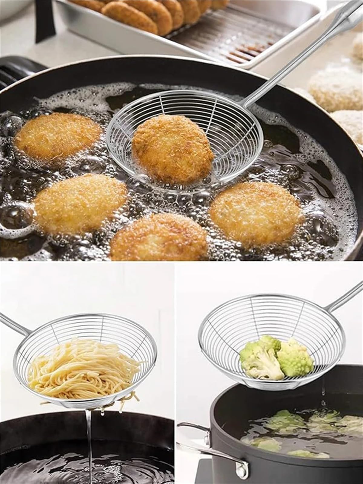 2 Stück Küchensieb aus Edelstahl Für Lebensmittel | Schaumkelle for Kochen und Braten, Drahtgeflechtlöffel mit langem Griff(44.3cm)