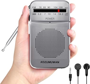 FUMITAKE Pocket Radio, FM/AM 2-Band Receiver with Earphones, Silver, Lightweight, Portable, Convenient, Outdoor, Sports