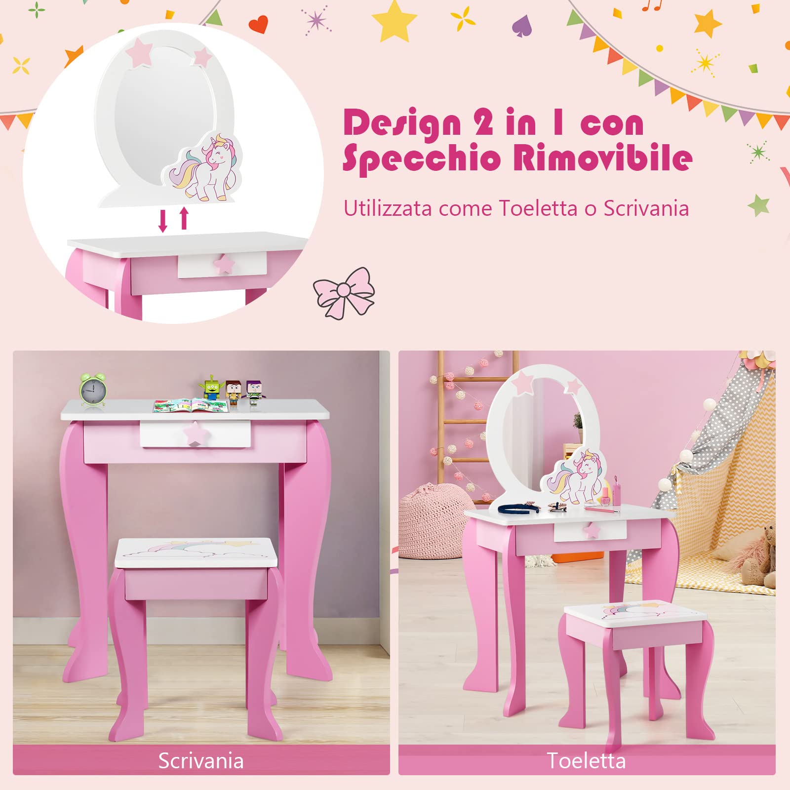 Toeletta Per Bambini RELAX4LIFE Con Specchio E Sgabello - Design Unicorno Rosa, 2 In 1 Per Trucco E Studio - Foto 10