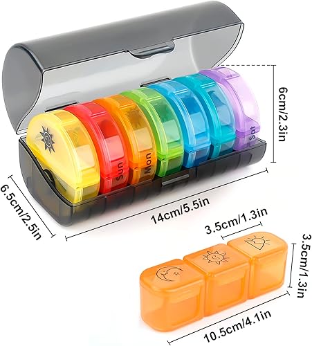 Miniatura 5 de IEKEODI Pastilleros semanales 2 veces al día, paquete de 7 unidades, 2 compartimentos, organizador de píldoras de viaje, pastillero para guardar