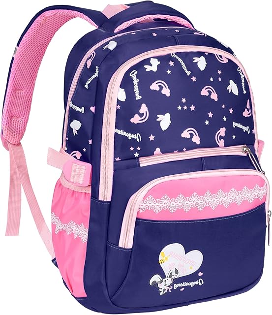 Yordawn Backpack School Bag Rucksack for Girls Boys Waterproof Backpacks Large Capacity Kids Back Pack with Bottle Pockets Front Pocket Lightweight School Bags for Children Students (Pink + Navy Blue)