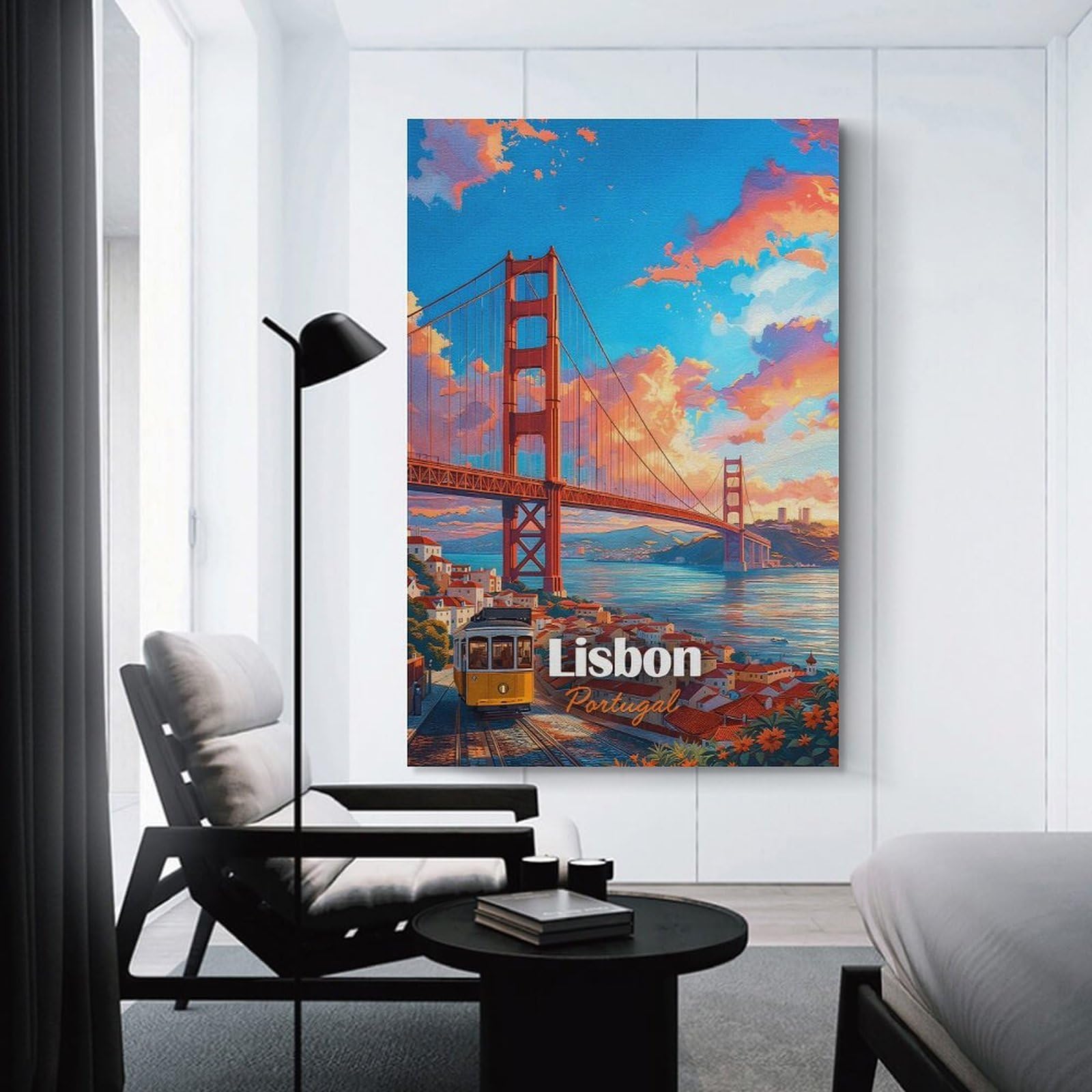 Junmoney Unframe-Style-14 Lisbon Portugal Tram And Bridge Wall Decor Canvas Print, 20X30inch(50X75cm), For Living Room, Bedroom, Office Or Hallway, An Adaptable Decor Piece For Home Use