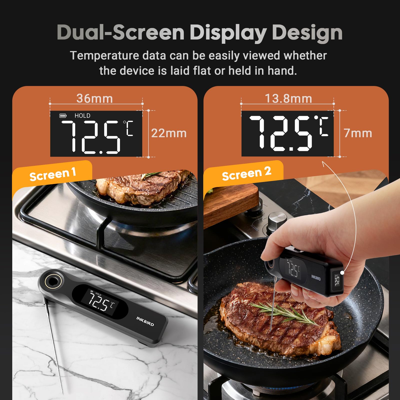 INKBIRD IHT-51K Termómetro Digital para Carne, Termómetro para Barbacoa de Pantalla Dual, Sonda Ultradelgada de 1.8 mm, Reacción de 0.5 Segundos, Impermeable IP65, Termómetro para Horno de Cocina