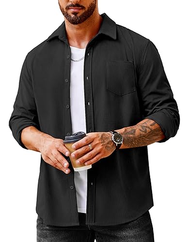 COOFANDY Men's Waffle Button Down Shirts Casual Long Sleeve Shacket Jacket with Pockets - Black - Small