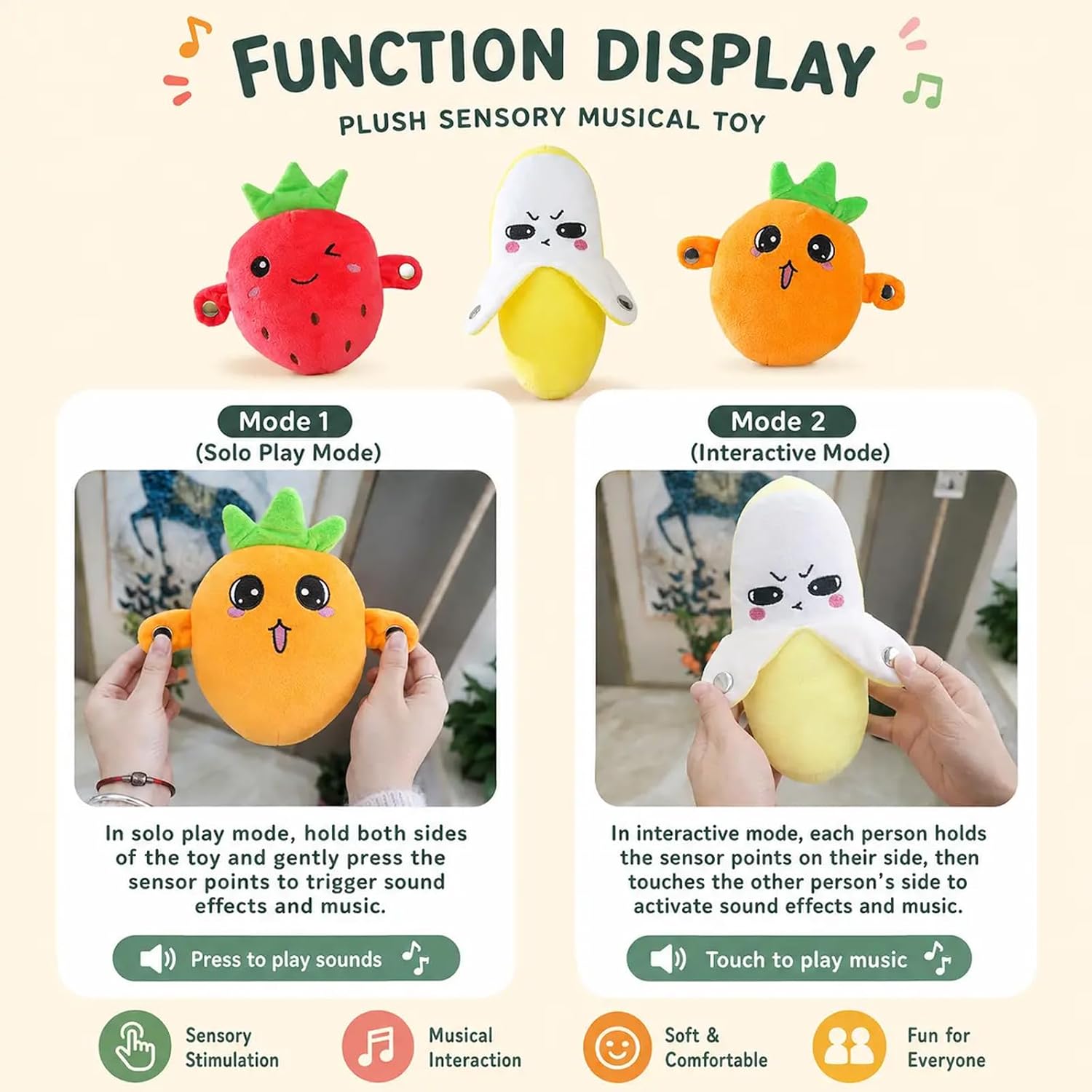 Wrapango Musical Sensory, Interactive Soft with Sounds, Skin Touch Activated Sound Doll, Dual Mode Educational (Strawberry) image 3