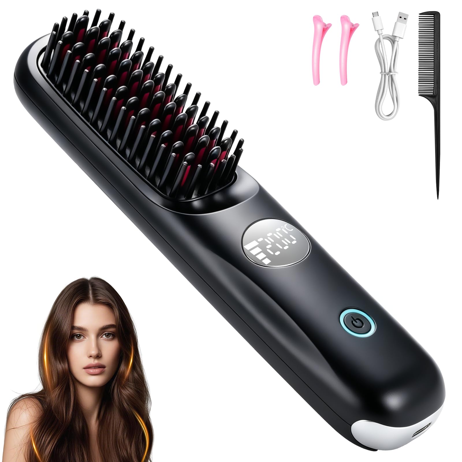 Brosse Lissante Sans Fil Avec Ecran LCD, 3 Niveaux Température (160-200 °C), Batterie Rechargeable 4000 mAh, Recharge via USB-C, pour Les Voyages et Les Déplacements, Noir