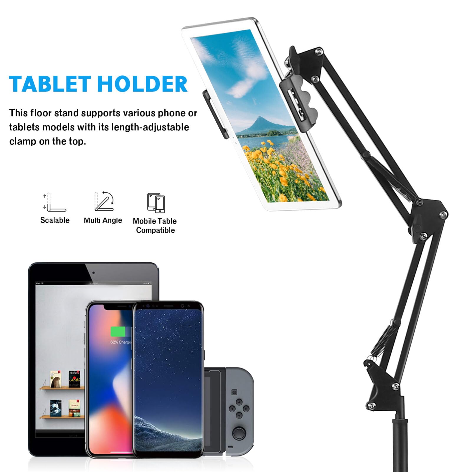 jojofuny Soporte De Piso para Tableta Altura Ajustable Soporte para Tableta Soporte para Teléfono Soporte De Cama Superior Soporte para Teléfono Móvil Brazo Estirable Compatible con