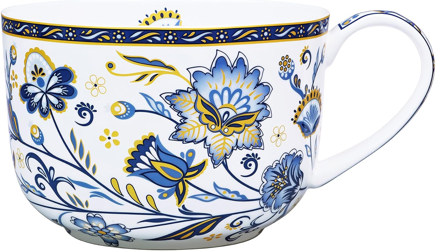 LanHong 25 Ounce Bone China Soup Bowls with Handles Large Soup Mug for Coffee Cereal Oatmeal Latte Flora Soup Bowl Bone China Soup Cup Microwave Safe (Blue 3)