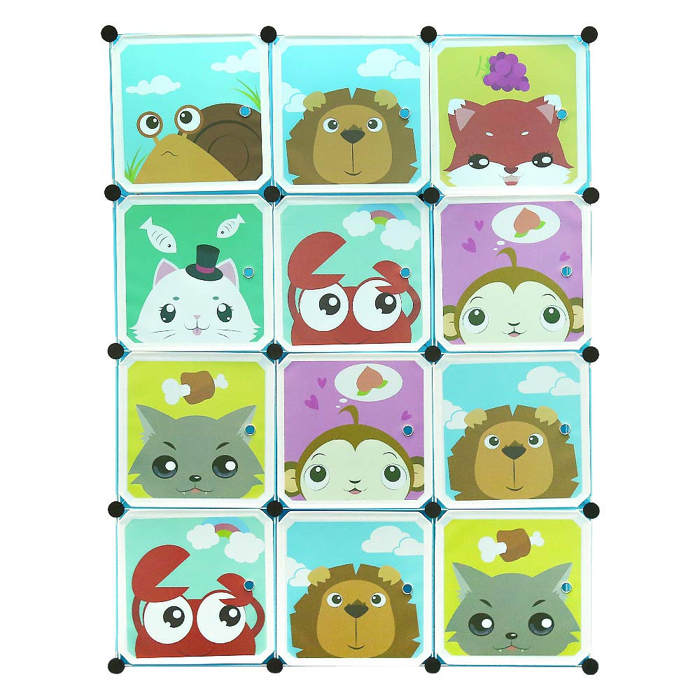 Mueble de almacenamiento infantil con 12 cubos, armario modulable con puertas, motivos de animales, estantería de plástico para juguetes, ropa y bolsas escolares (azul)