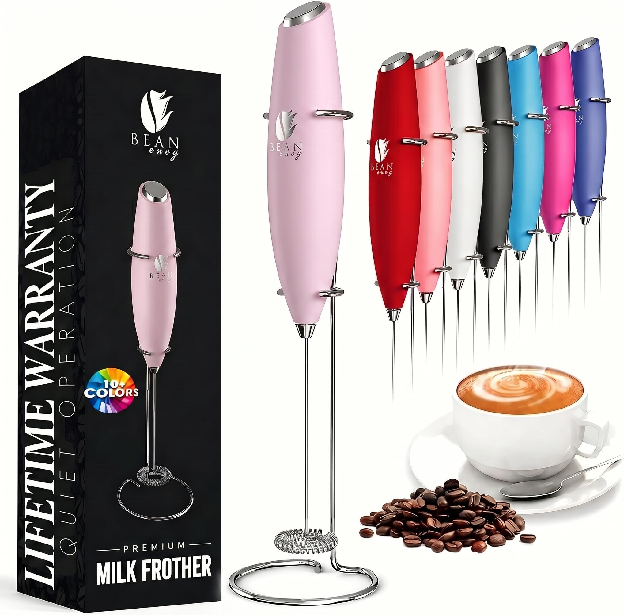Bean Envy Milk Frother for Coffee - Handheld, Mini Electric Drink Mixer, Foamer & Frother with Stand for Coffee, Lattes, Hot Chocolates and Shakes - Pink | Battery Operated, Stainless Steel Whisk, 19000 RPM, Protein Powder Blender, Electric Stirrer, Mini Foamer