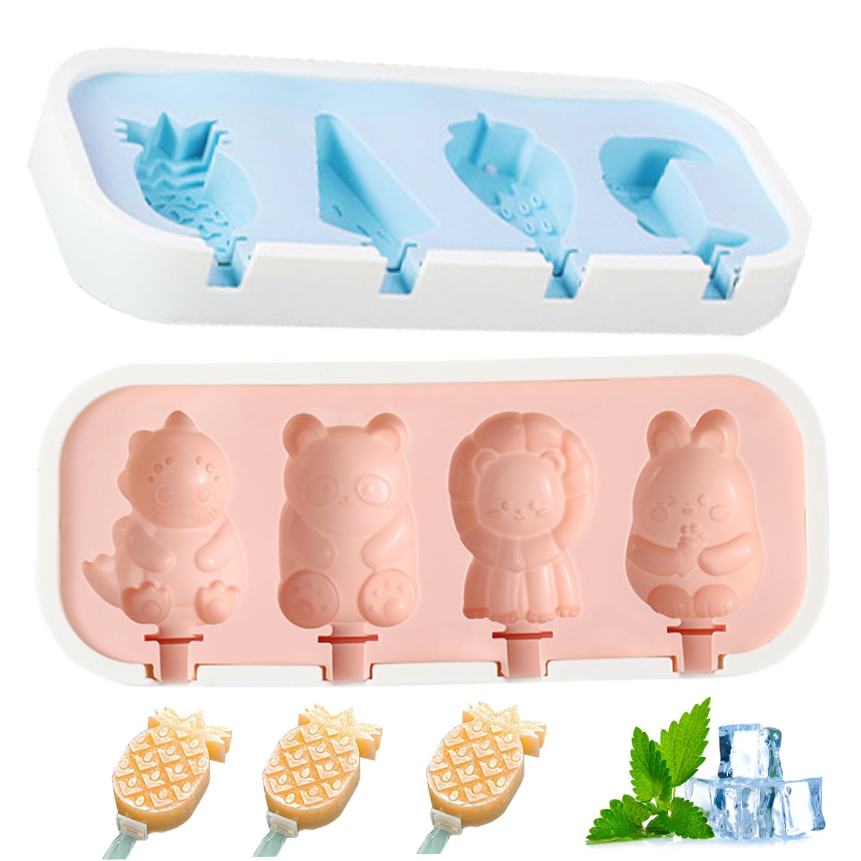 Sjfbebsy 2Pcs Silicone Popsicle Molds with Sticks, Cute Fruits & Animal Ice Mold with Lid, BPA-Free Reusable Baby Ice Cream Molds, DIY Popsicle Maker for Homemade Frozen Treats