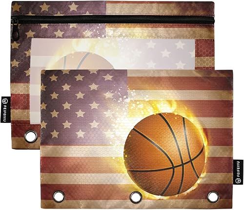 Gredecor Estuche para lápices con 3 anillos, bandera estadounidense con cremallera de baloncesto, estuche para lápices, paquete de 2 unidades,