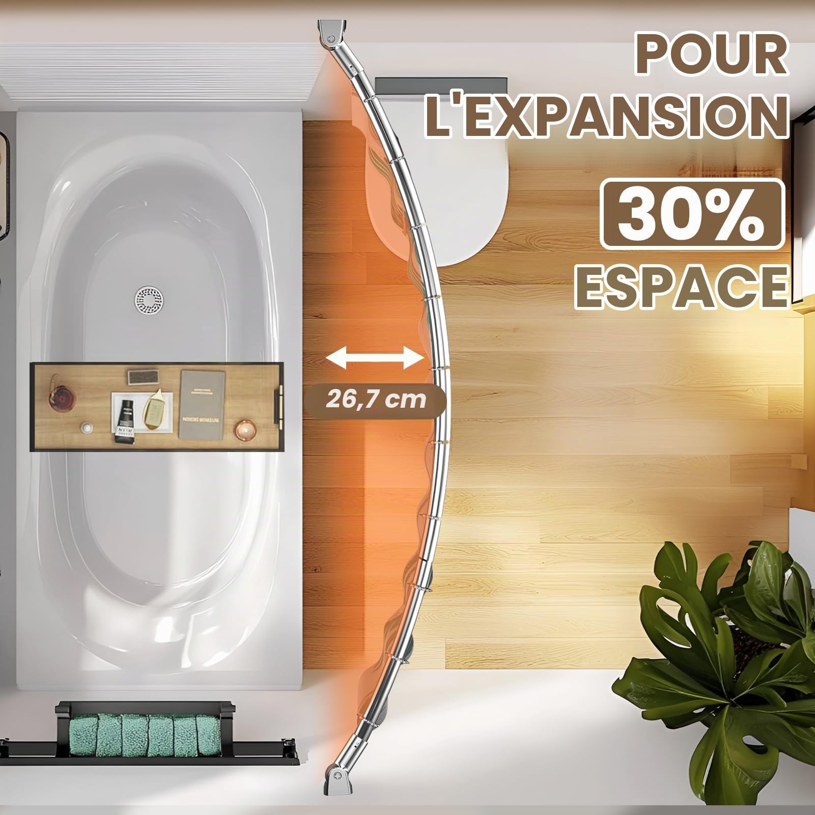 Tringle à rideau de douche incurvée réglable de 109 à 198 cm, en acier inoxydable de qualité supérieure, à percer, pour salle de bain, baignoire, antirouille, argenté