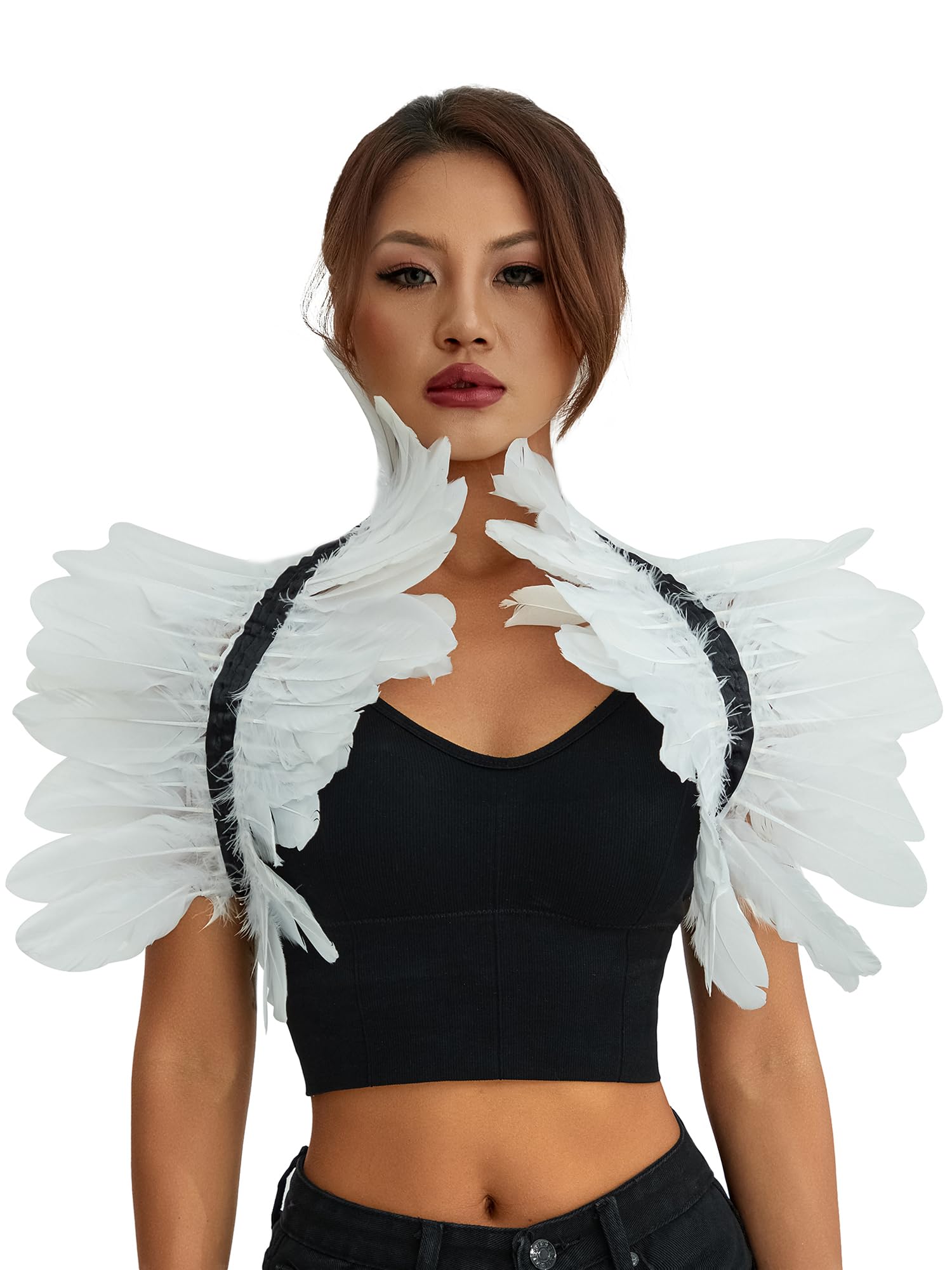 SANSIWU Women Natural Feather Cape Maleficent Costume Gothic Lacing Shawl Shrug Collar Feather Cloak for Halloween Cosplay Party (A-White, One Size)