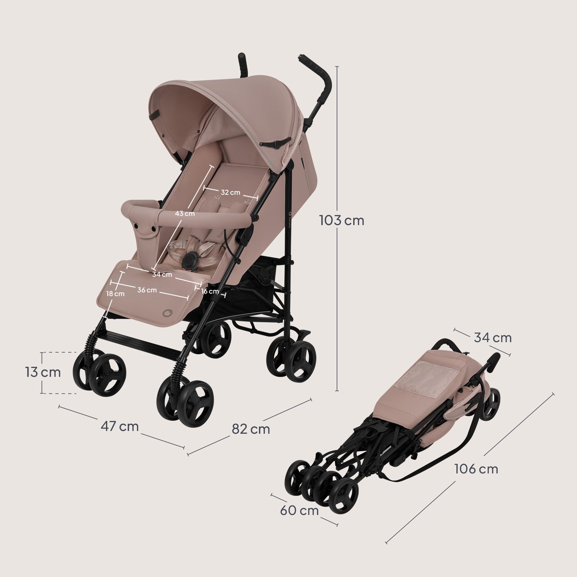 LIONELO Silla de Paseo Ligera Elia para Bebés hasta 15 kg, Carrito de Bebé Plegable con Asiento Reclinable, Capota XXL, de 6 a 36 Meses