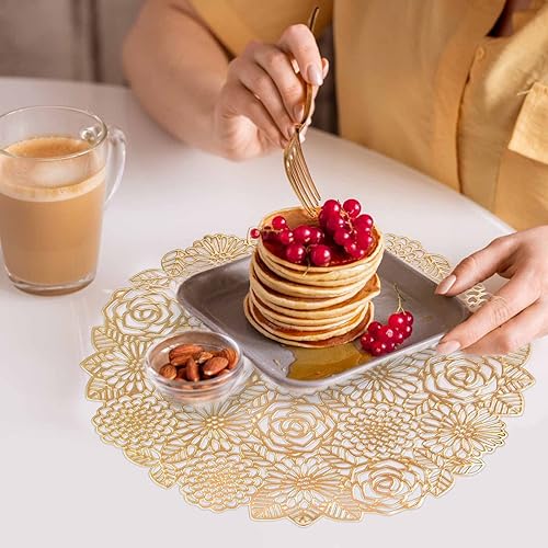 Miniatura 6 de Hetbees Juego de 4 manteles individuales duraderos de PVC dorado, elegantes manteles individuales redondos resistentes al calor para decoración de