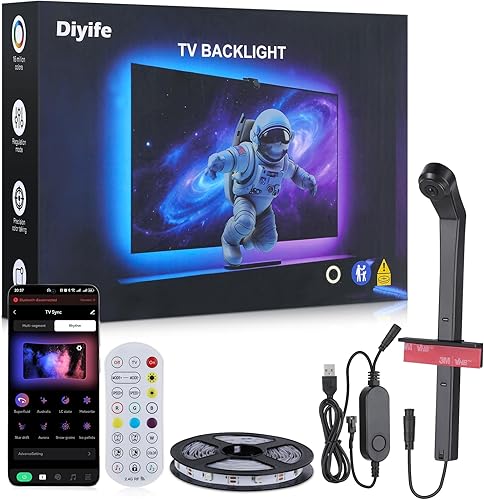 Diyife Retroiluminación LED para TV con sensores AR sincronizados con televisores de 55 a 65 pulgadas, tira de retroiluminación Bluetooth de 13.12
