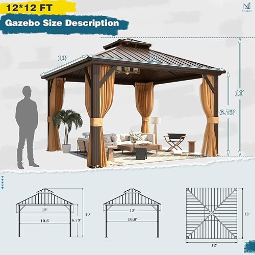 Miniatura 2 de MELLCOM Cenador de techo rígido de 12 x 12 pies, cenador de aluminio de doble techo de metal con cortina y red, pabellón de acero galvanizado