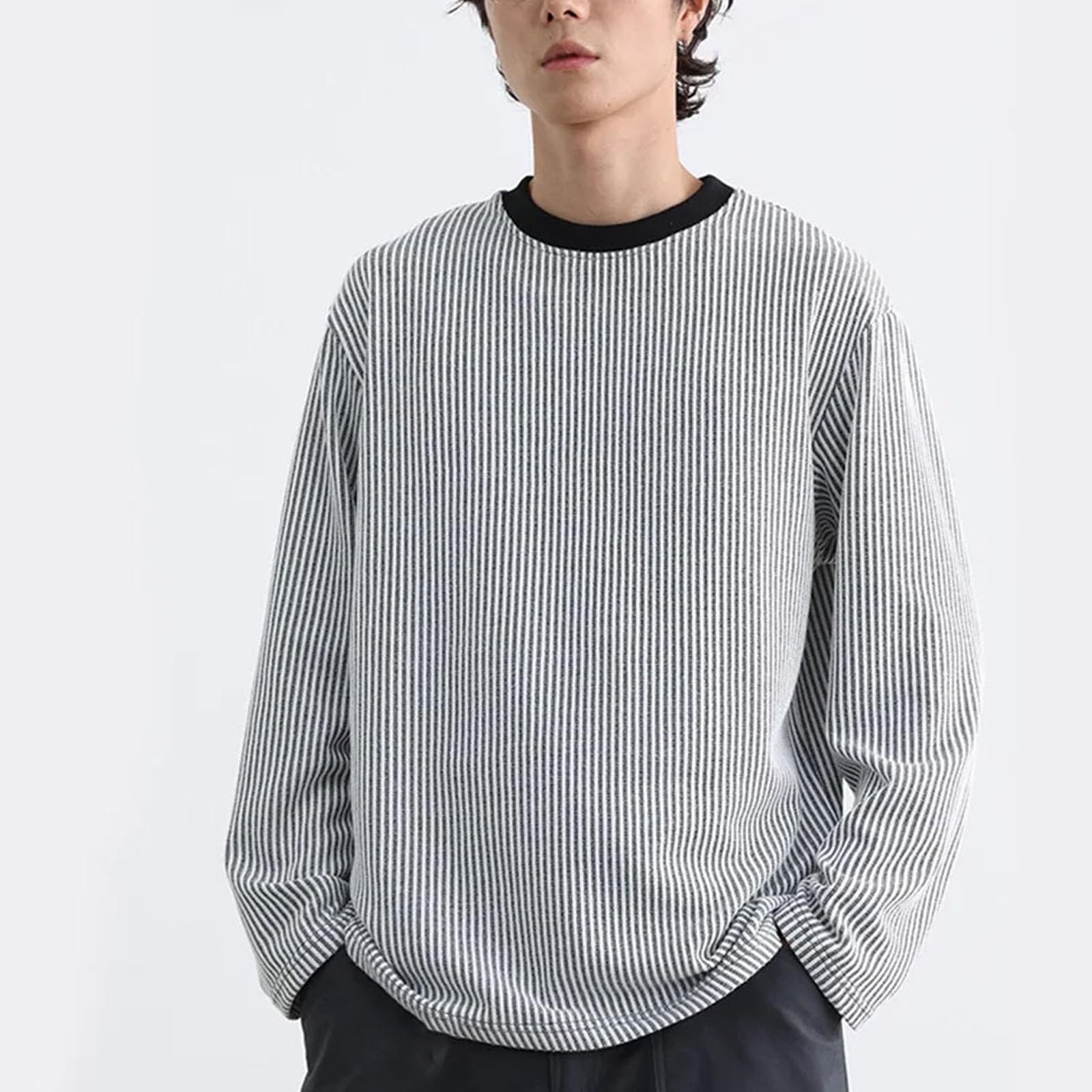 Camicia da uomo a maniche lunghe con scollo rotondo, oversize, streetwear, a righe, unisex