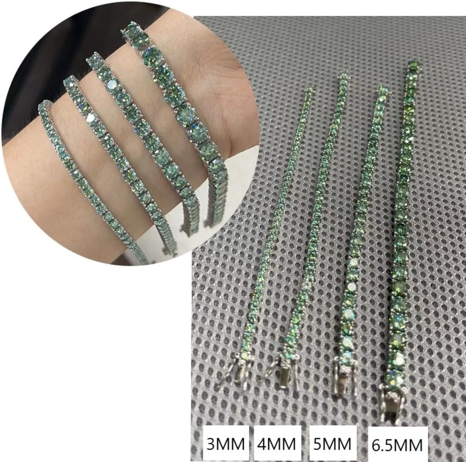 3-6.5mm Blue Green Moissanite Tennis Bracelets for Women 6-9 Inch D Color VVS1 Clarity Diamond Bracelet S925 Sterling Silver Moissanite Bracelet with Certificate