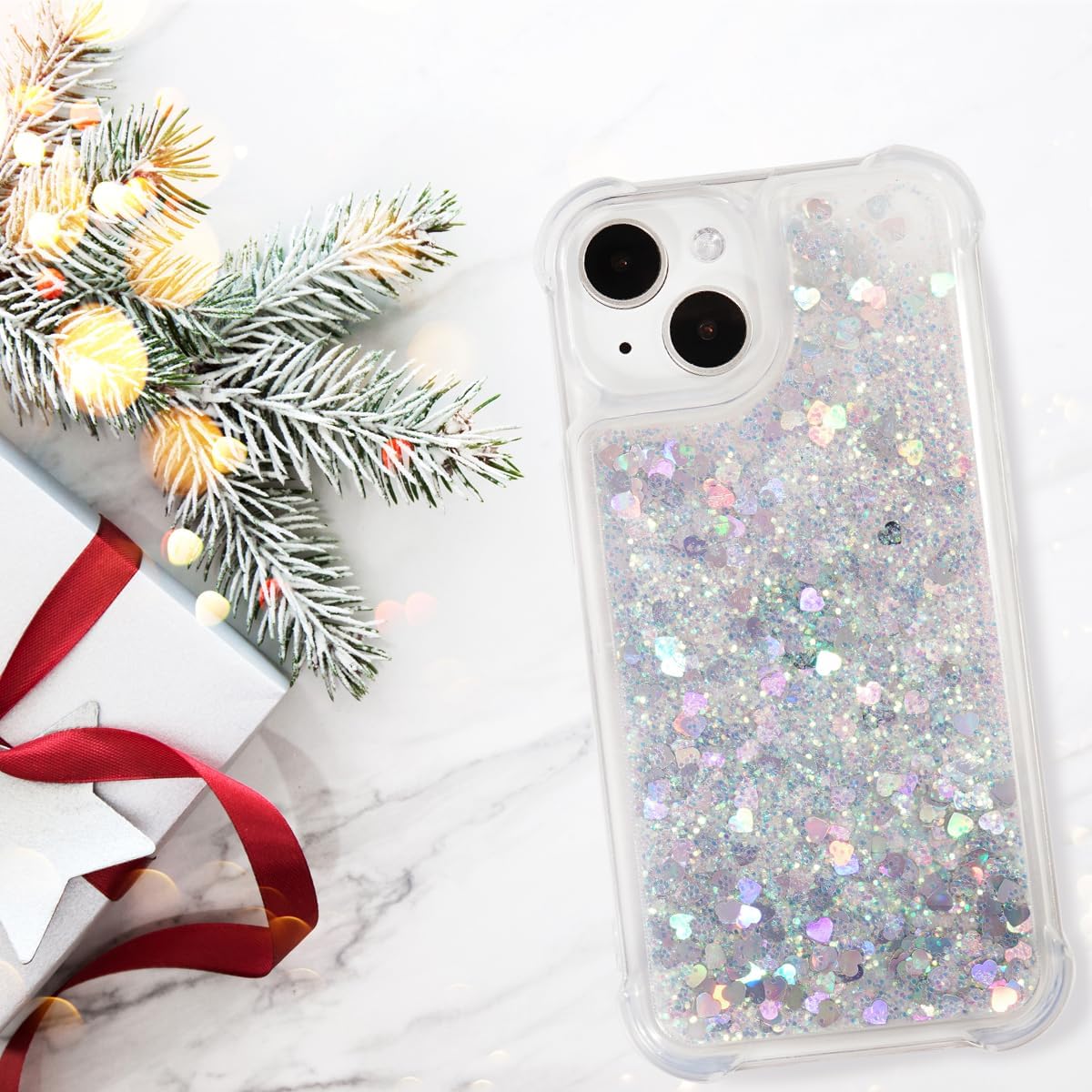 Glitter Case Compatible with iPhone 15 Plus Glitter Case Clear Soft TPU Rubber Bumper Bling Girly Women Cute Liquid Holiday Case for iPhone 15 Plus 6.7 inch (Silver) - Image 4