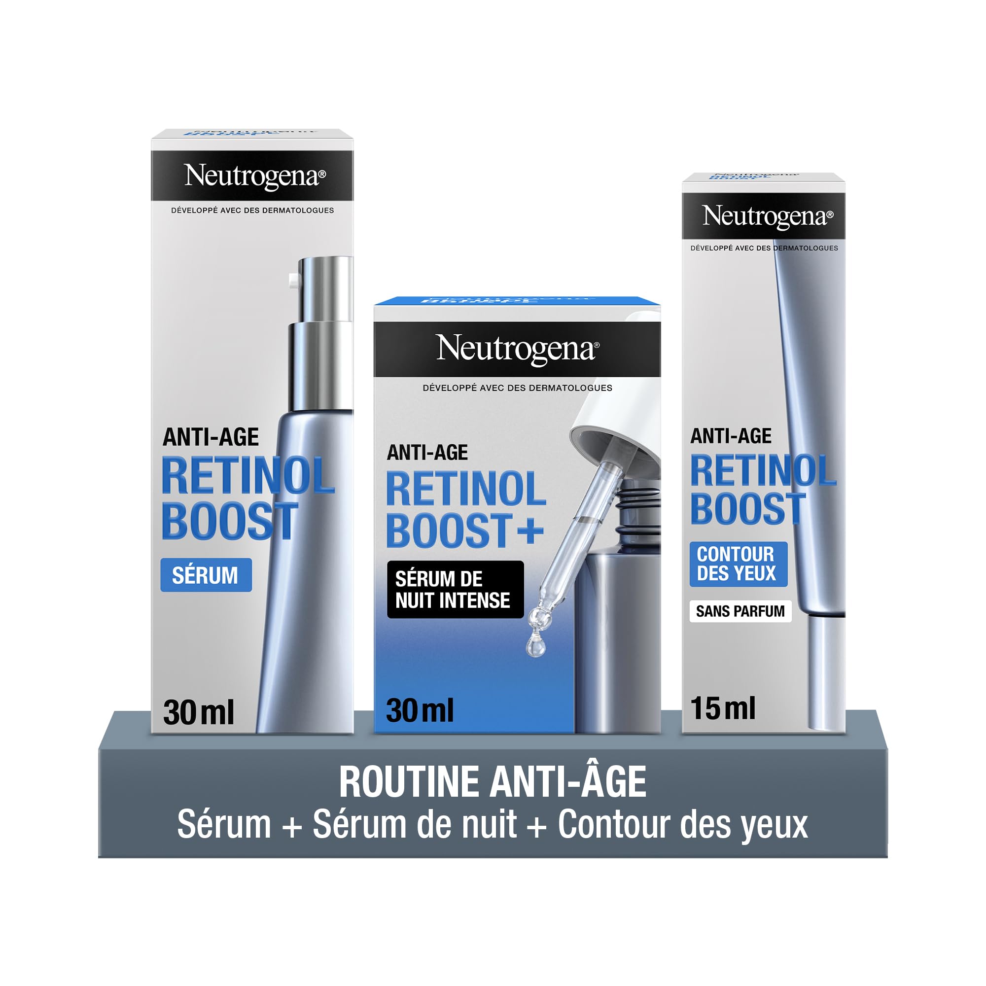 Neutrogena – Routine Anti-Âge Retinol Boost (Sérum de Nuit 30 ml + Sérum 30 ml + Contour des Yeux 15 ml) – Soins visage au rétinol pour rides, ridules et pattes d’oie