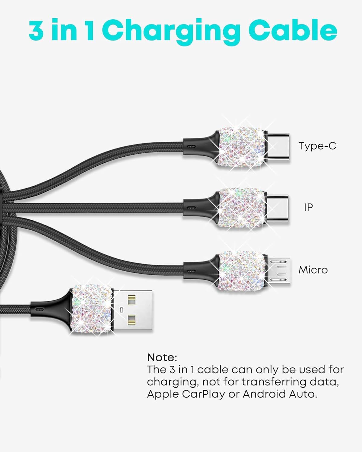 Bling USB Car Charger 5V 2.4A Multicolor Crystal Decor Dual Port Fast Adapter with 4ft Nylon Type C Micro USB 3 in 1 Multi Charging Cable for iPhone iPad Android, Auto Interior Accessories for Women - Image 4