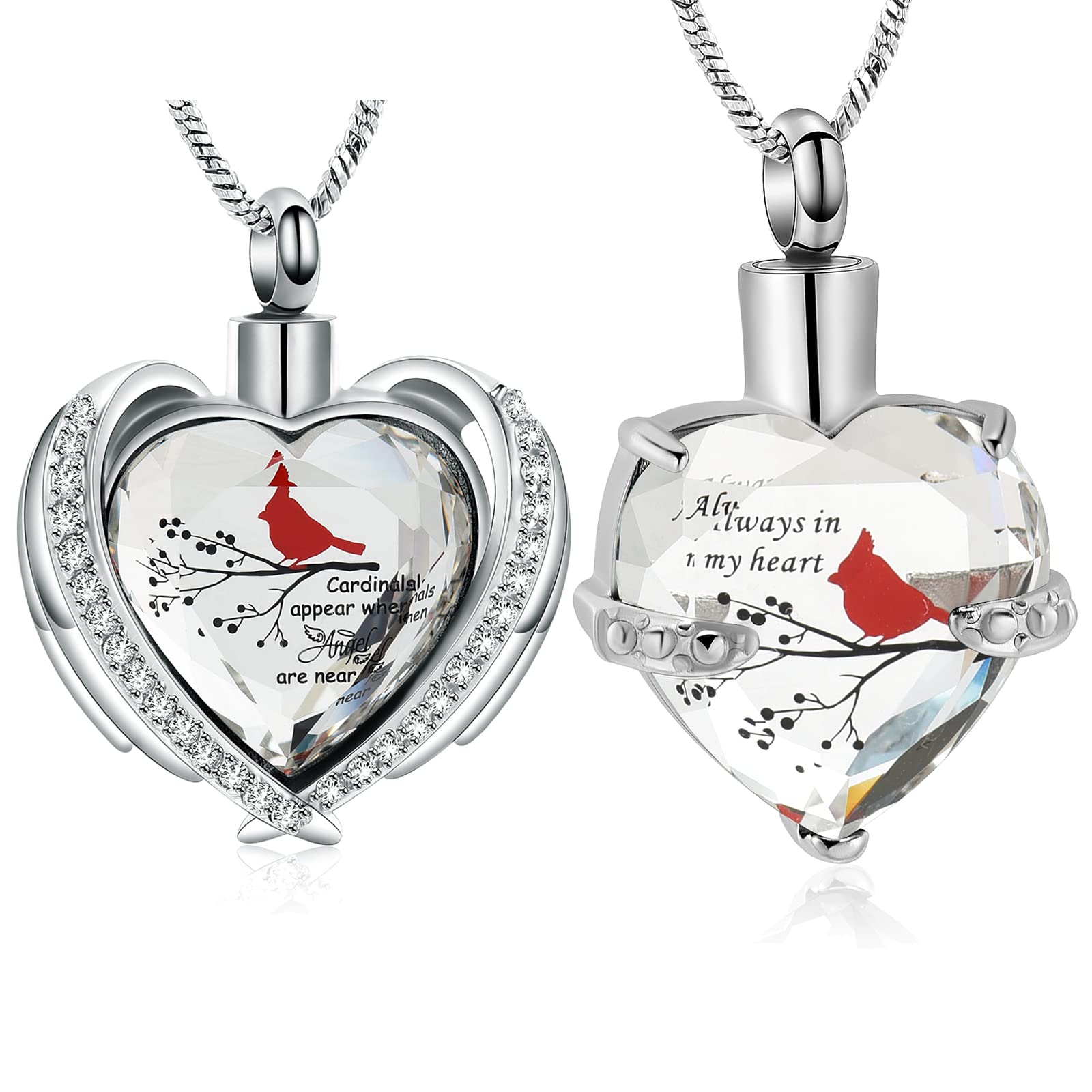 Yinplsmemory 2 Pieces Red Cardinal Urn Necklace for Ashes Keepsake Memorial Crystal Heart Urn Locket for Human/Pet Cremation Jewelry