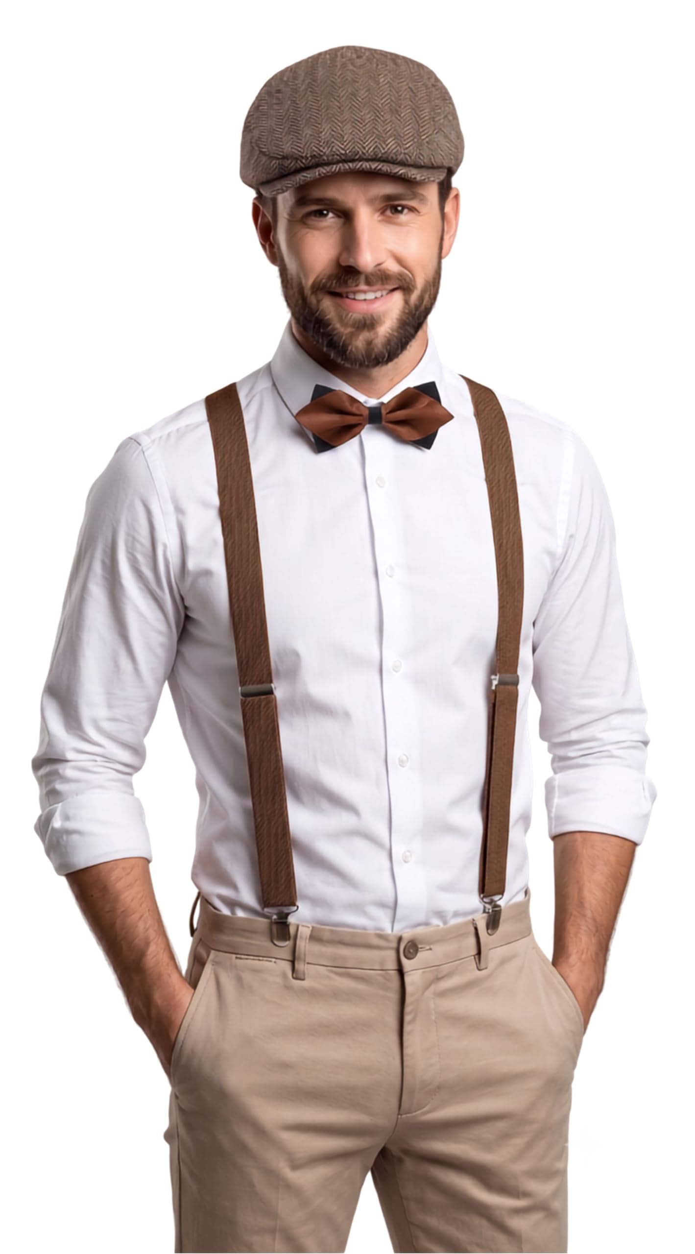 rr design Brown Suspender and Diamond Neck Bow Tie Set with Irish/Golf Flat cap for Men-Brown-picture-48