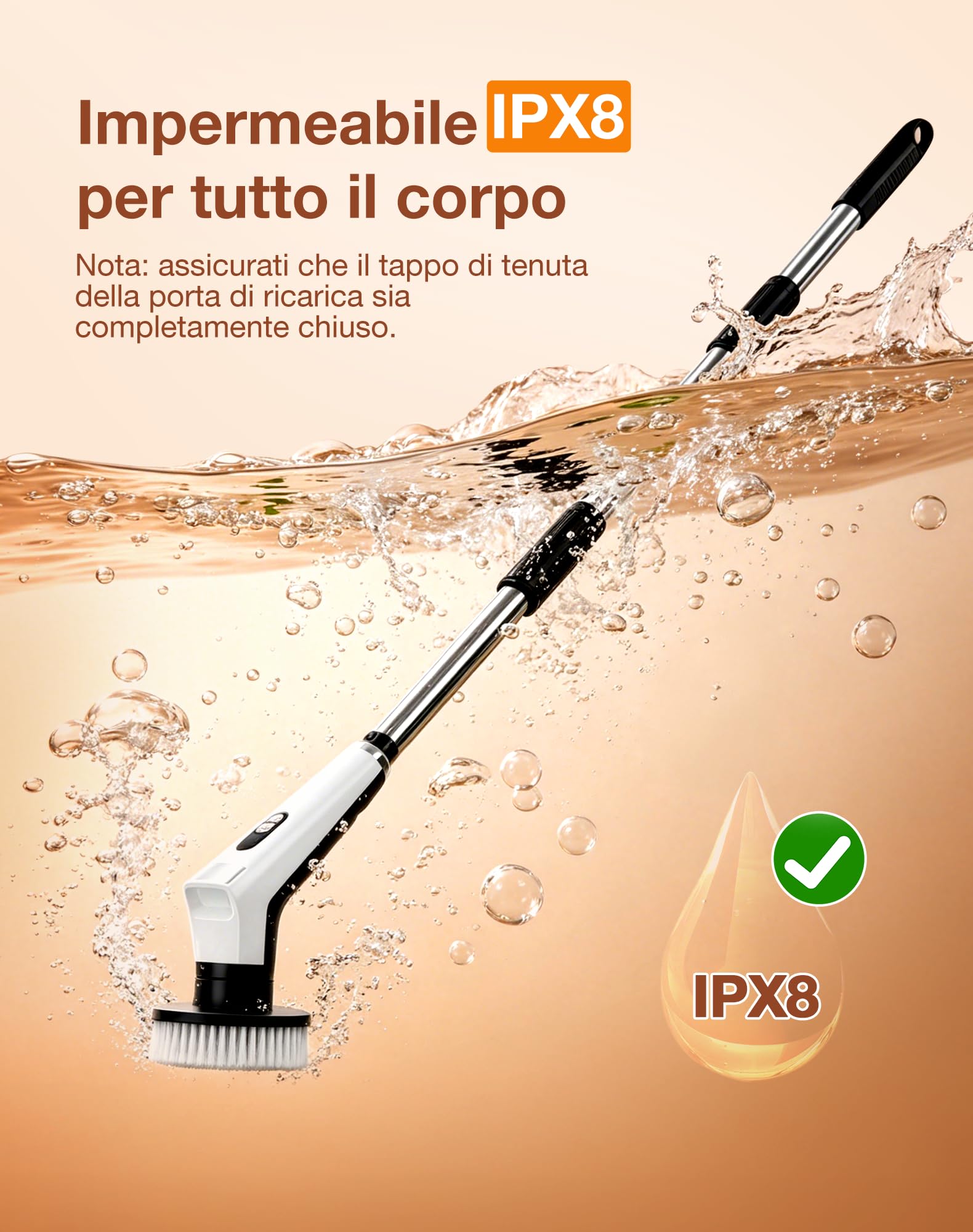 Spazzola Rotante Pulizia Casa con 9 Testine, Manico Estensibile, 3 Velocità, con Illuminazione LED, Batteria da 3000 mAh, Impermeabile IPX8, Spazzola Rotante per Pulizia per Bagno, Cucina, Pavimenti