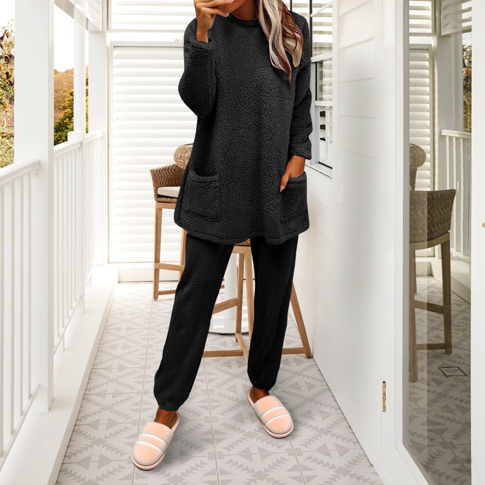 Da Donna A Maniche Lunghe con Pullover, Autunno E Inverno, in Morbido Pile Doppio, Rilievo Comodo Abbigliamento Casa per Le Notti Fredde Pigiami Famiglia Coordinati (Black, S) Pigiama