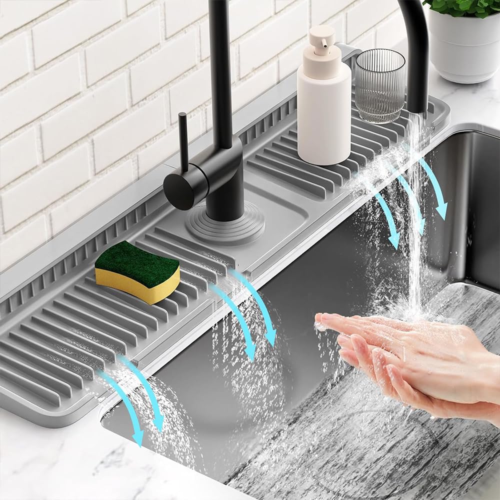 24 Inch Longer Silicone Kitchen Sink Splash Guard - Fast Self-Draining Faucet Mat with 7° Slope Design - Snap Lock Fit Water Splash Guard for Kitchen Sink Area (Gray)