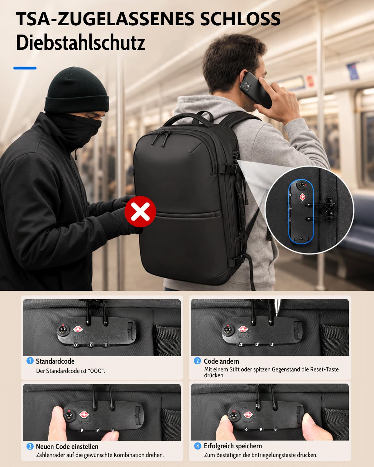 Zurligi Vakuum-Reiserucksack mit Vakuumbeutel, Mini-Pumpe, 30–60L, TSA-Lock | Erweiterbarer, wasserabweisender Carry-on-Rucksack mit herausnehmbarem Vakuumbeutel, Diebstahlschutz, für Damen und Herren