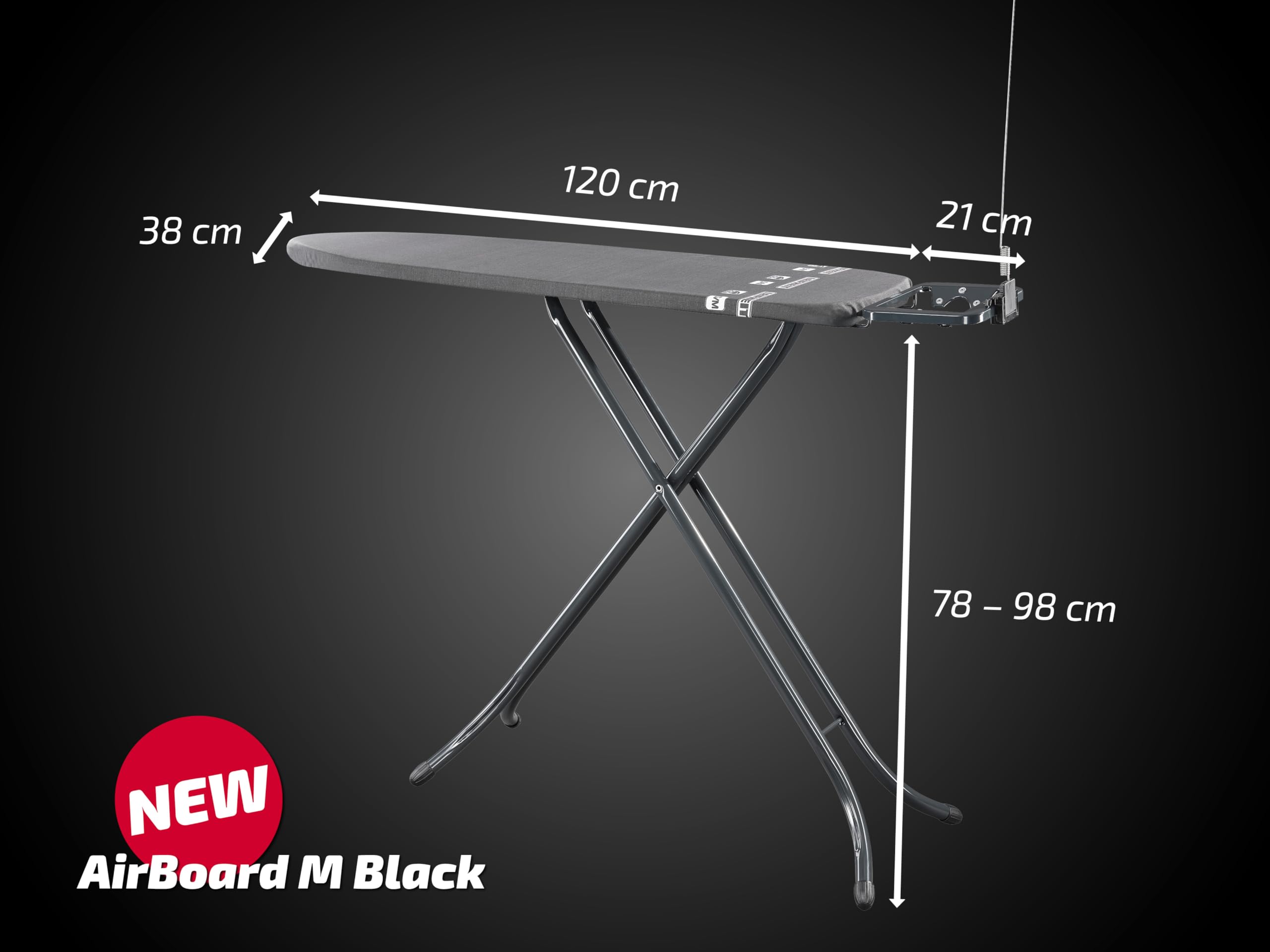 Leifheit Deska do Prasowania Air Board M Black, Thermo-Reflect 120 x 38 cm | Ultralekka powierzchnia z tworzywa, regulacja wysokości do 98 cm, podstawka na żelazko, do żelazek parowych