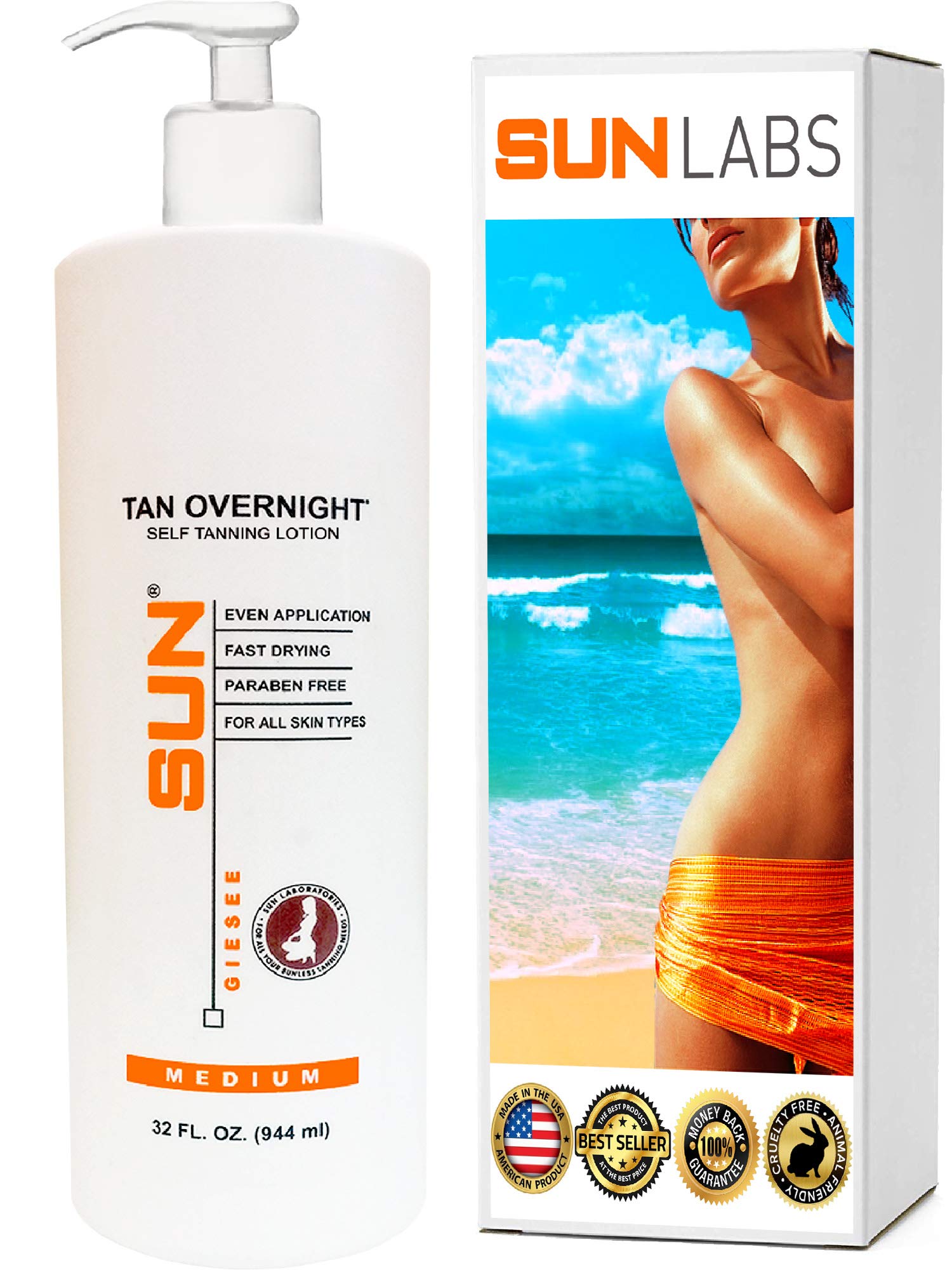 Self Tanner | Tan Overnight Self Tanning Lotion 32oz (Value Size) + Tanning Stickers - by Sun Laboratories