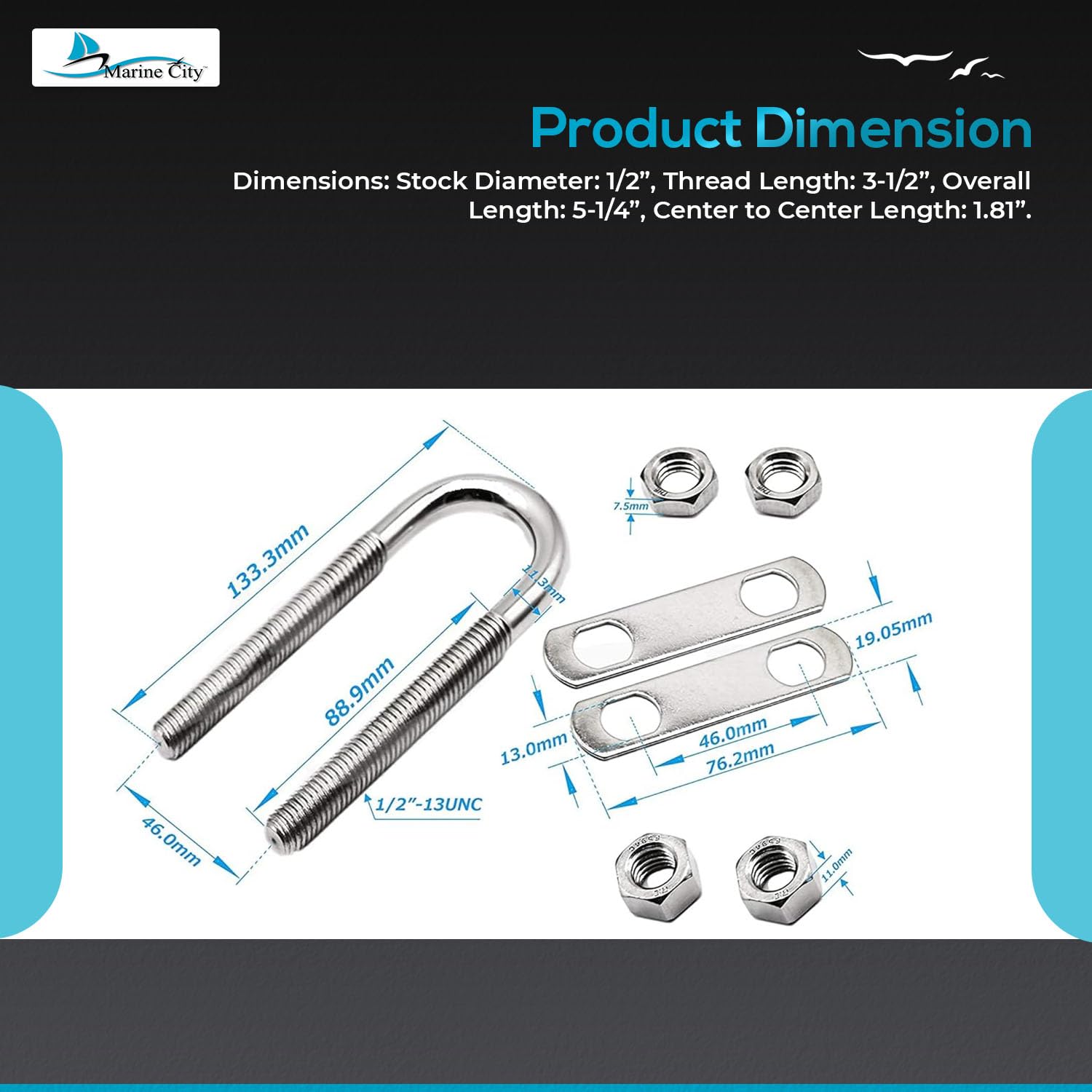 MARINE CITY 304 Grade Stainless Steel 1/2 Inches Strong Sturdy Stock Plate Bow Eye Tie Down for Marines Boats Yachts Accessory Hardware (U Bolt Thread Length 5-1/4 Inches) (1 Pack)