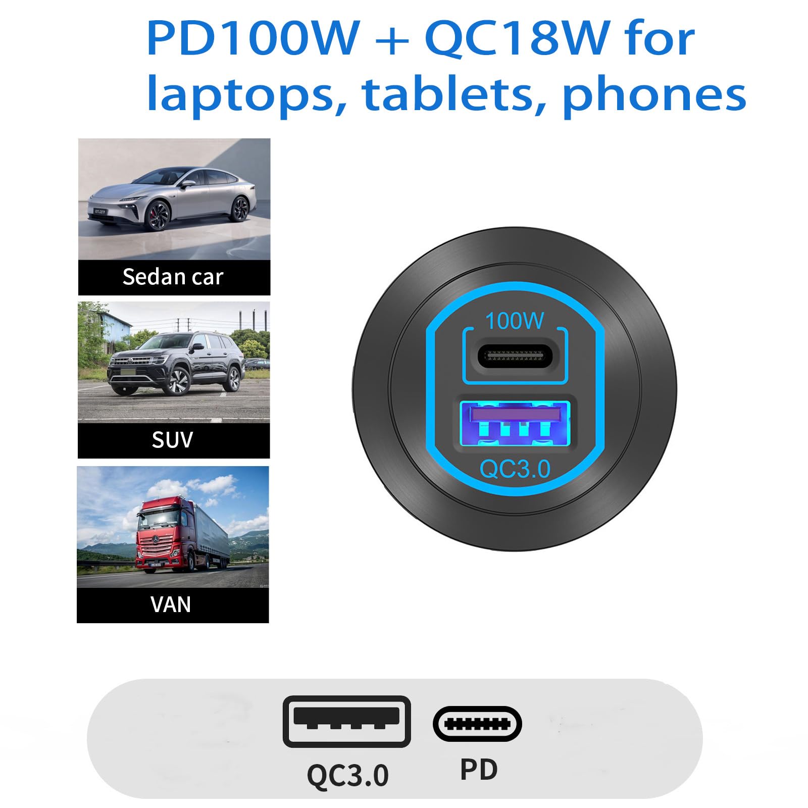 Amazon.com: 12V USB Outlet PD 100W USB C and QC3.0 18W Port Aluminum Car  Charger Socket for Laptops Tablets Phones, Cigarette Lighter Replacement Car  Accessories DIY for RV Camper Truck Boat Golf :