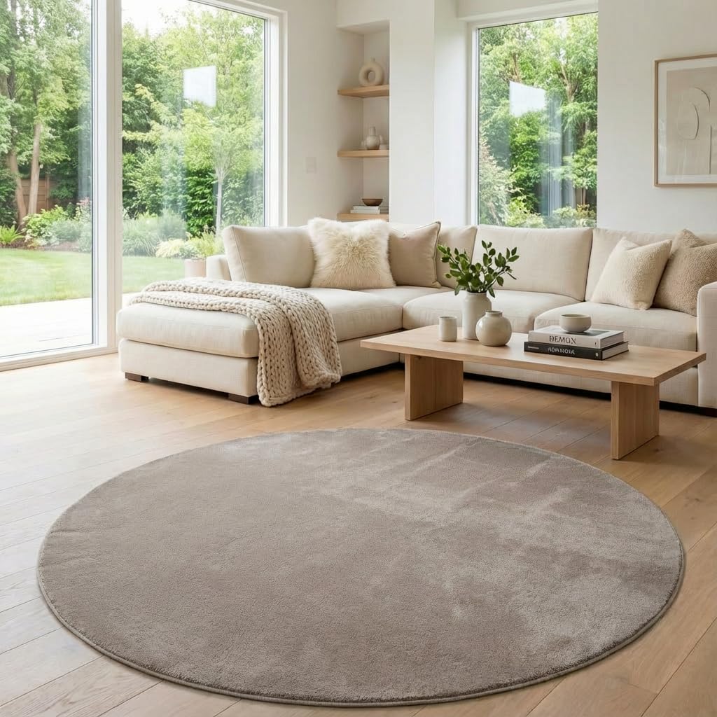 Jimri Flauschiger Teppich Läufer - Hochwertiger Kurzflor für Zuhause, Büro, Küche, Eingang, Flur, Wohnzimmer - Maschinenwaschbar - Rutschfester Teppich Waschbar - 200 cm Rund - Taupe