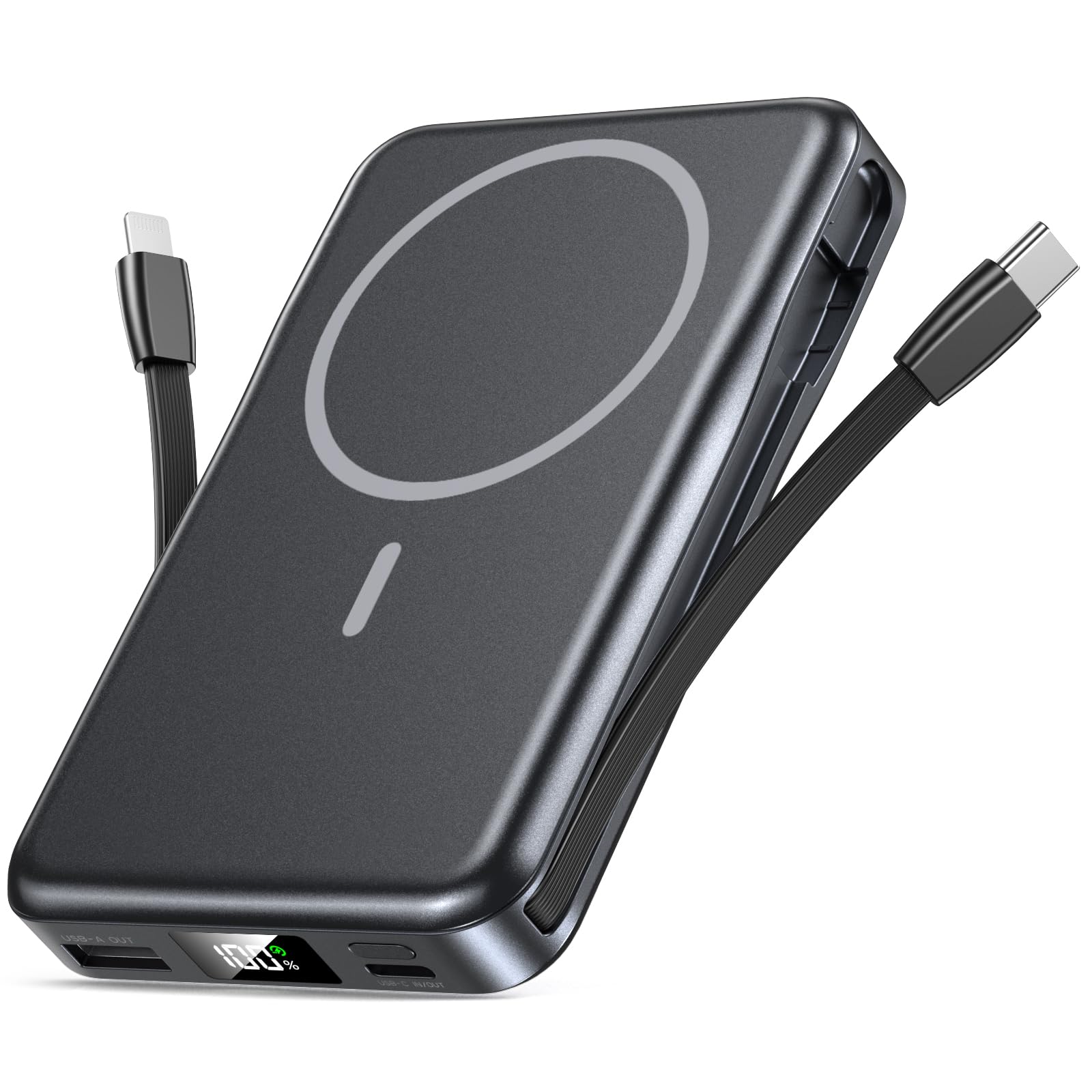 Powerbank für Magsafe, Magnetische Power Bank 10000mAh, PD 20W Schnellladung Kabellose Powerbank mit Integrierten Kabeln, Tragbares Ladegerät für iPhone 16/15/14/13/12/Pro/Pro Max - Dunkelgrau