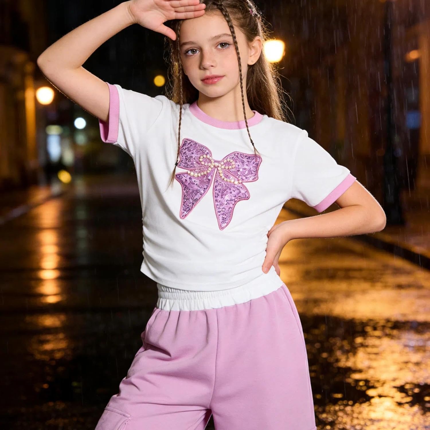 Girls Clothes 2 Piece 7-14Y Set Cute Butterfly Short Sleeve T-Shirt Cargo Pants Spring Summer Outfits 9-10 Years Purple image 8 of 8 B0GCHYD82V