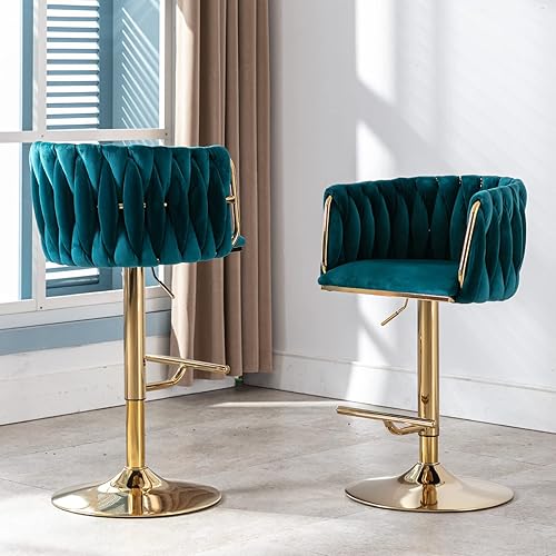 Miniatura 7 de LukeAlon Juego de 2 taburetes modernos de terciopelo para mostrador, giratorios de 360 de 26 pulgadas de altura de asiento bajos con patas doradas,