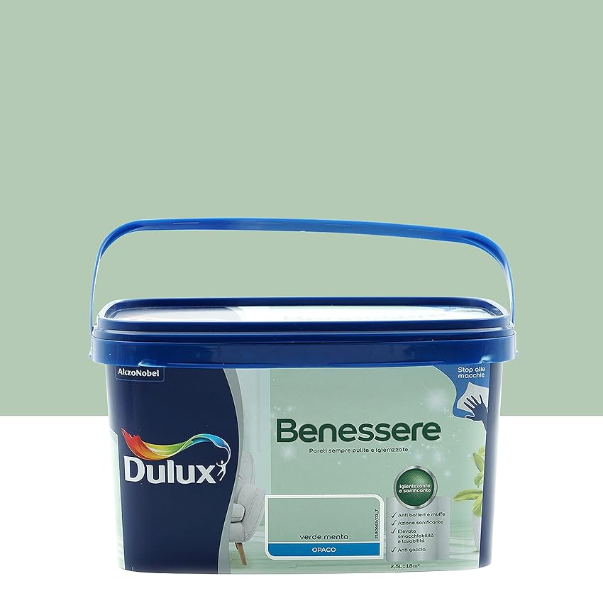 Dulux Benessere Pittura Colorata all'Acqua per Interni Superlavabile Anti Muffa Anti Batteri con Ioni D'Argento, 2.5 Litri, Verde Menta, 2.5L