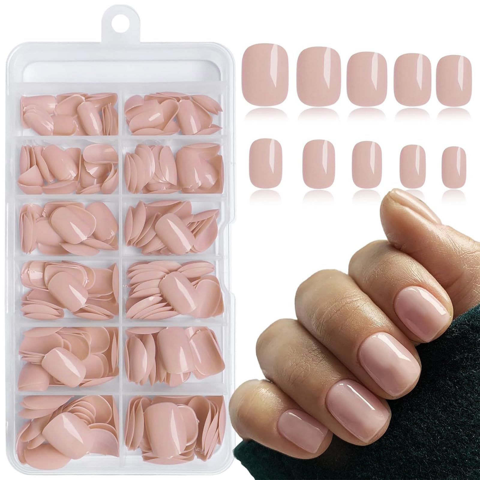 LunarCharm 240 pieces square nude pink press-on nails short artificial skin tone square full cover fake nails for beginners DIY