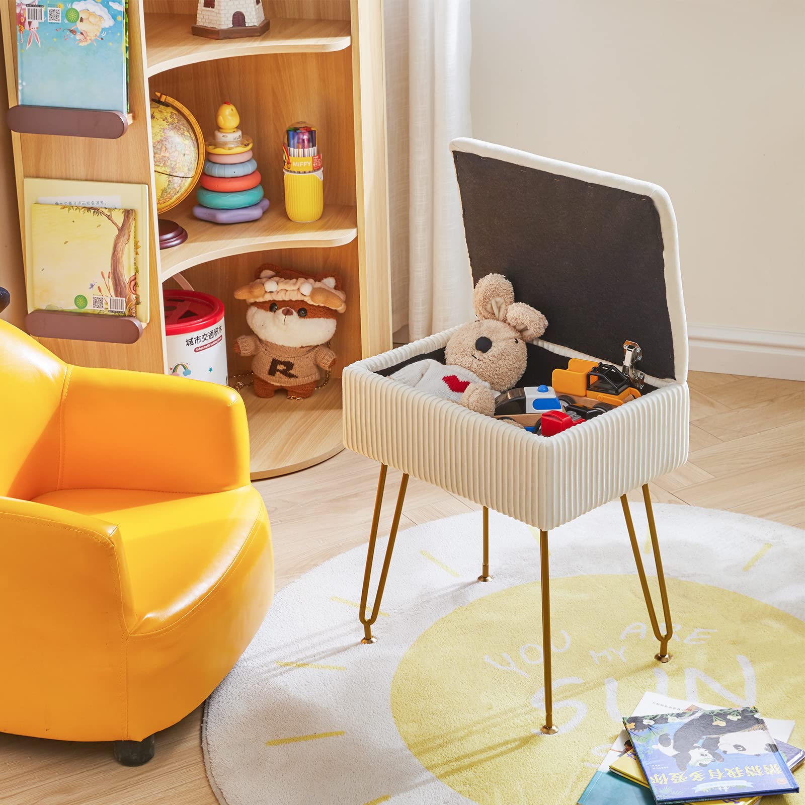 YMYNY Taburete de Terciopelo, Otomana de Almacenamiento, Soporte de Metal, Banco de Tocador para Maquillaje, Salón y Dormitorio - 40×29.5×48CM Beige HBD024M