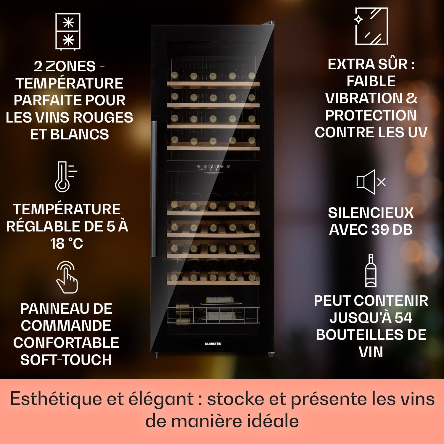 KLARSTEIN Cave à Vin Réfrigérateur sur Pieds Porte Verre 77 Bouteilles 5-18°C Protection UV