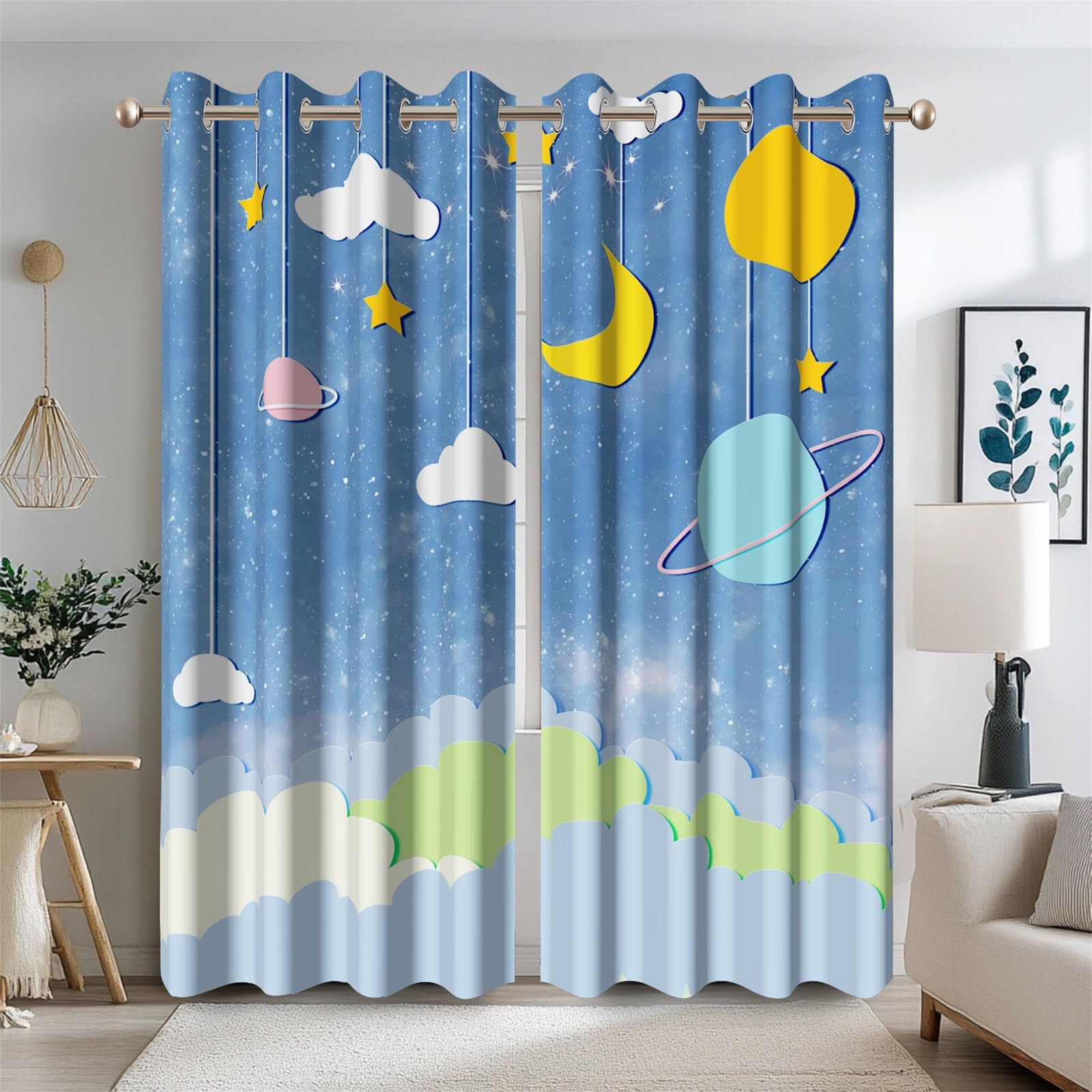 Ttincceer Galaxy Blackout Curtains 107x160cm Caroon Outer Space Universe Planet Kids Children Bedroom Window Drape Privacy Protection Thermal Insulation Nursery Baby Room Decorative 2 Panels